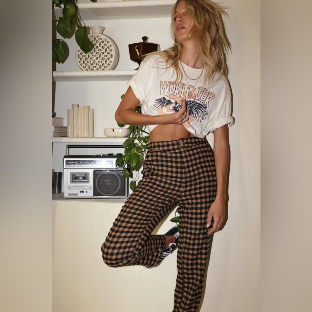 12th Tribe Brown and Black Gingham High-Waisted Pants - NWT, Size Large